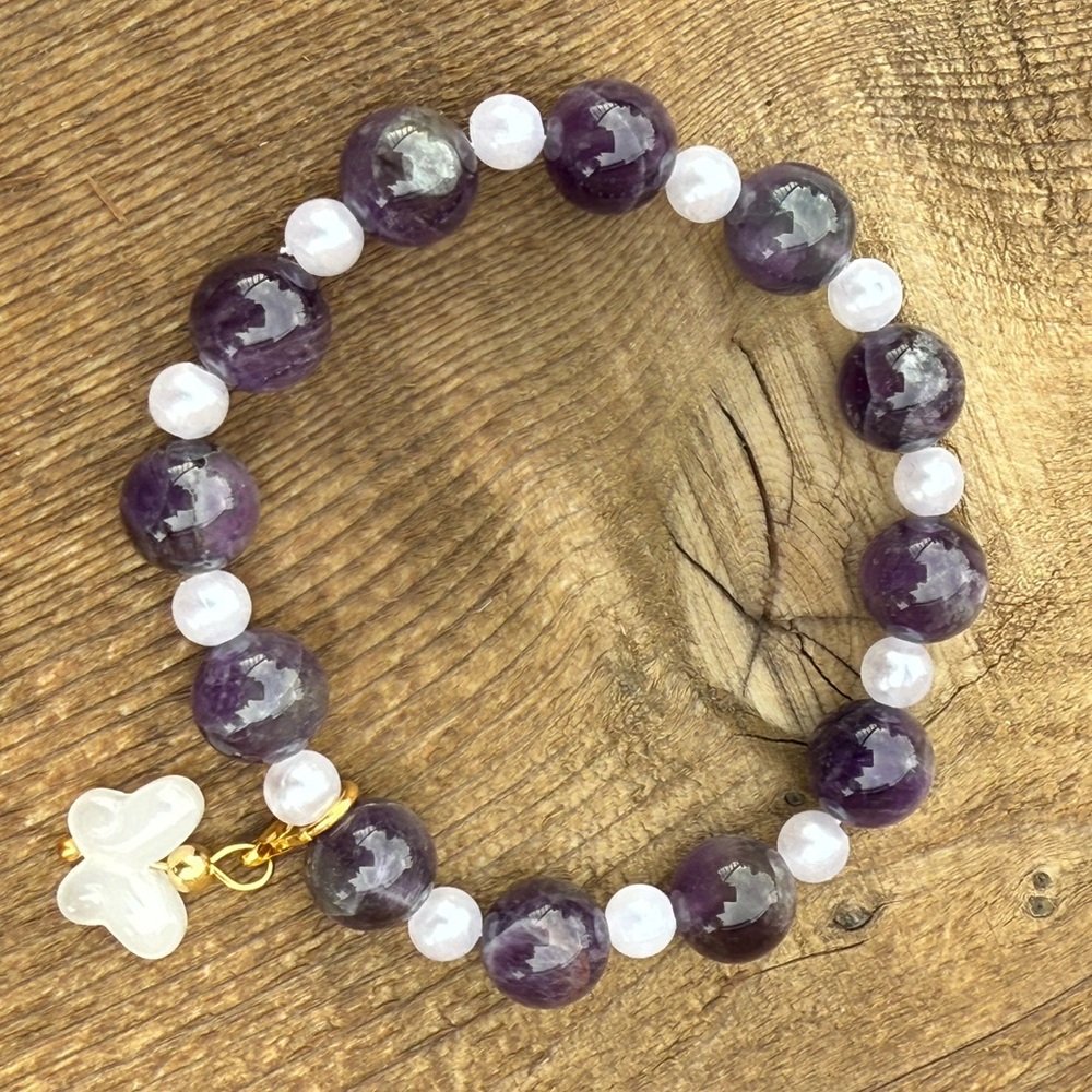 Purple amethyst with white pearl spacer beads and white butterfly